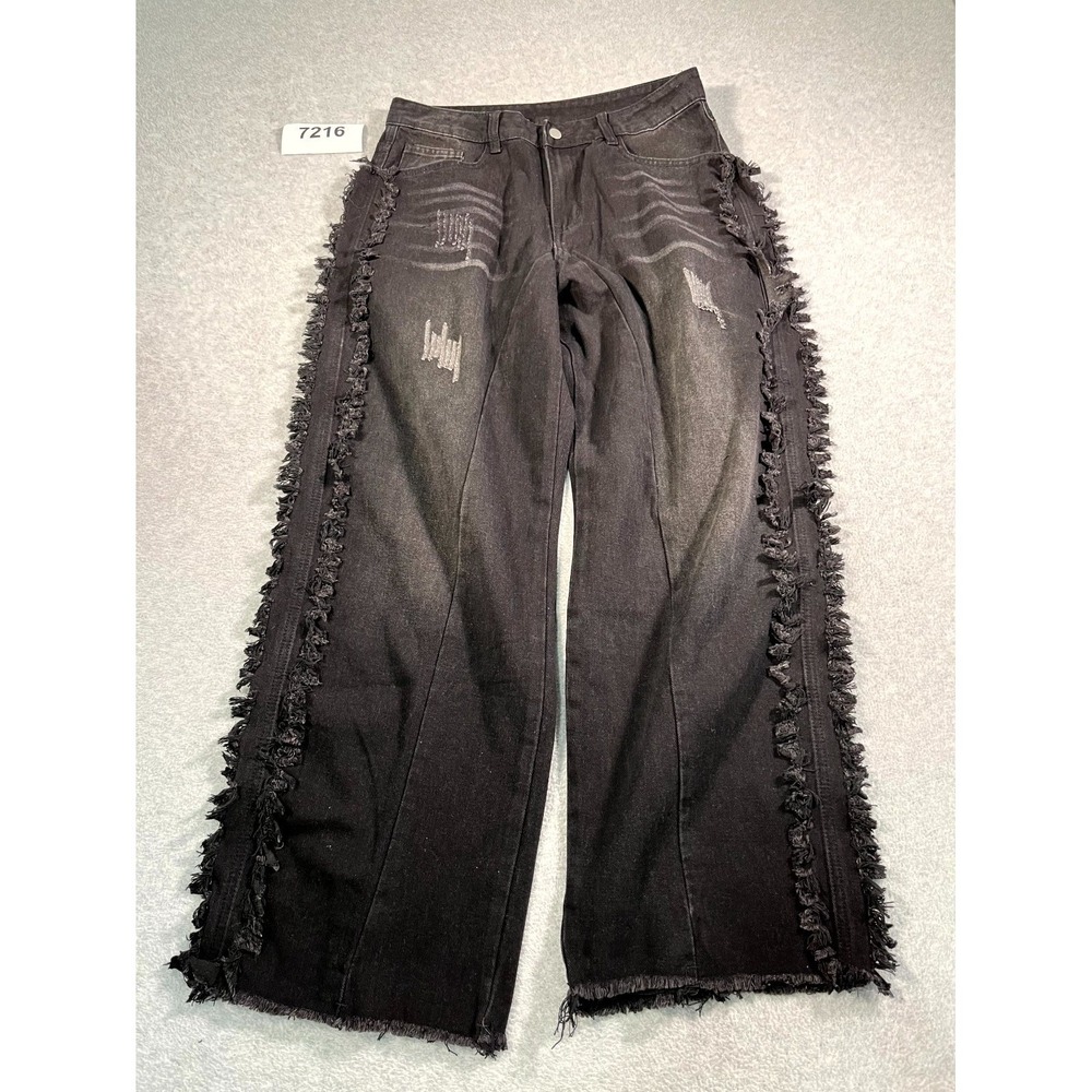 Manfinity Baggy Jeans Mens Small Black Denim Cotton Fringed Raw Hem Distressed